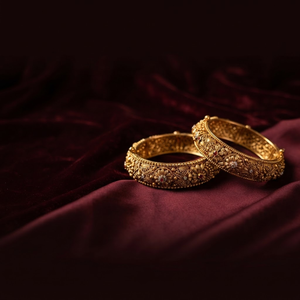 Ornate traditional gold bangles on maroon silk