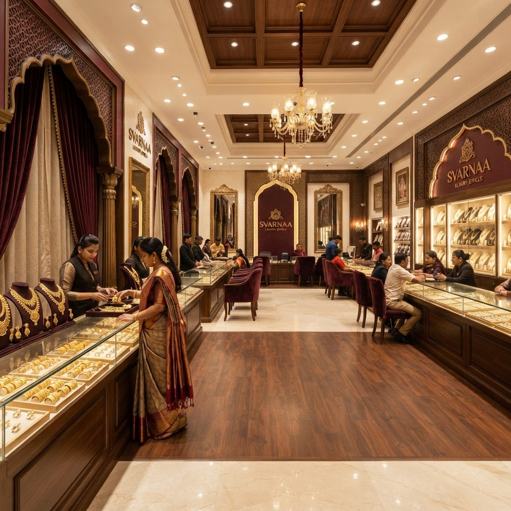Interior of the Swarna Jewellers showroom with glass display counters
